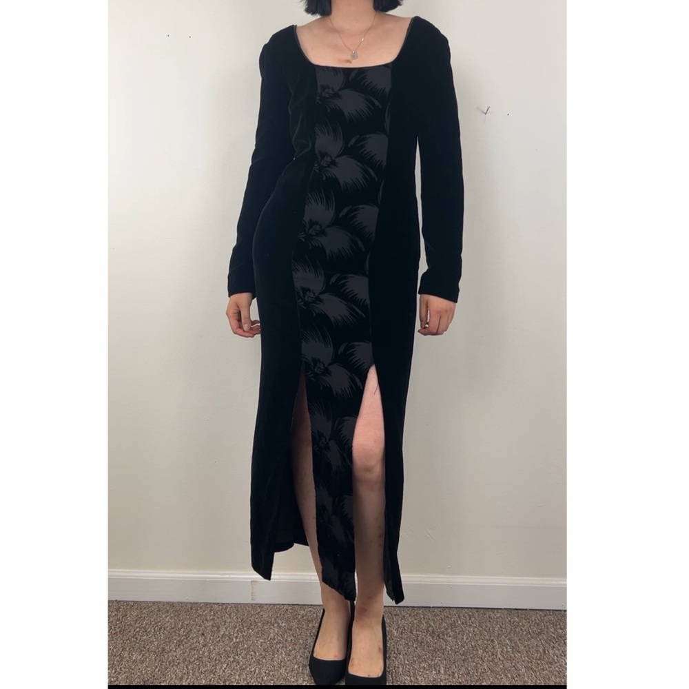 Vintage Industrial Black Silk Blend Velvet Long Sleeve Dress